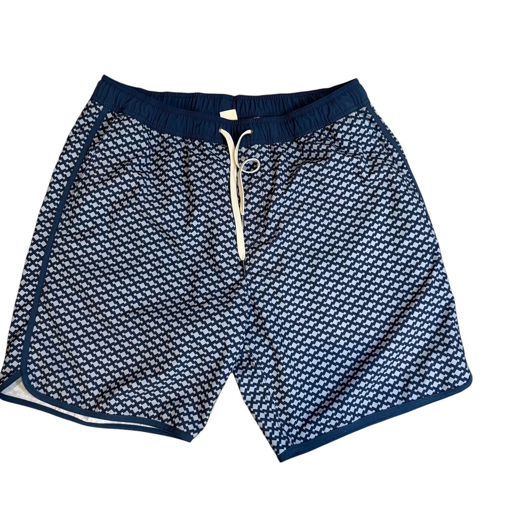 Fair Harbor Mens XL Swim Shorts Navy Blue Geometric Diamond Print Board Trunks